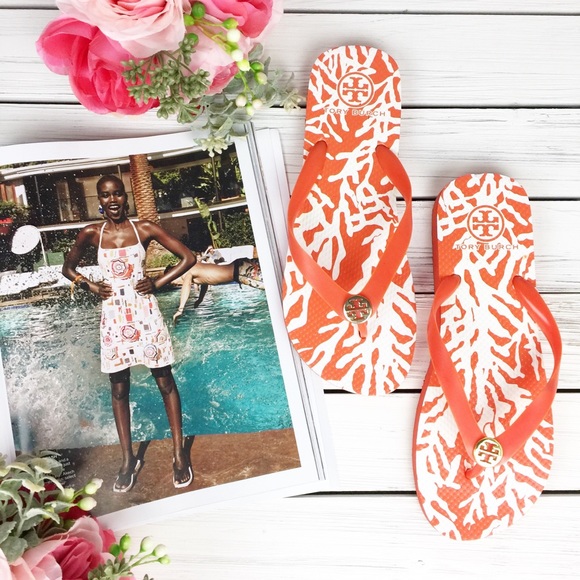 Tory Burch Shoes - Tory Burch Orange Printed Flip Flops Slippers
